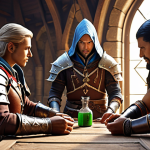**A Lineage M siege warfare team preparing for battle.** Focus on the characters (Warrior, Archer, Mage) gearing up with equipment (Health Potion, Mana Potion, Defense Amulet). Show a sense of strategic discussion and teamwork.