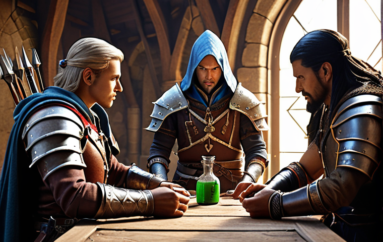**A Lineage M siege warfare team preparing for battle.** Focus on the characters (Warrior, Archer, Mage) gearing up with equipment (Health Potion, Mana Potion, Defense Amulet). Show a sense of strategic discussion and teamwork.