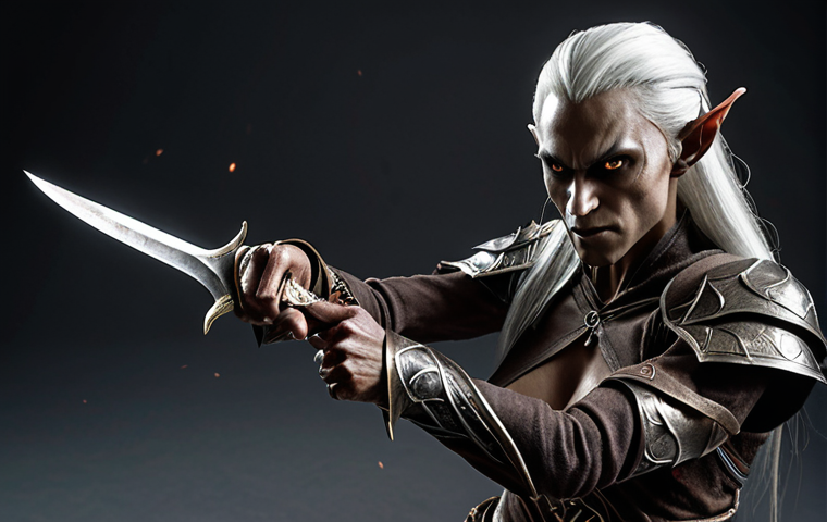 A Dark Elf character in Lineage M, exhibiting swift movements and a deadly attack, with a knife as the primary weapon, utilizing the "Dark Blind" magic skill.