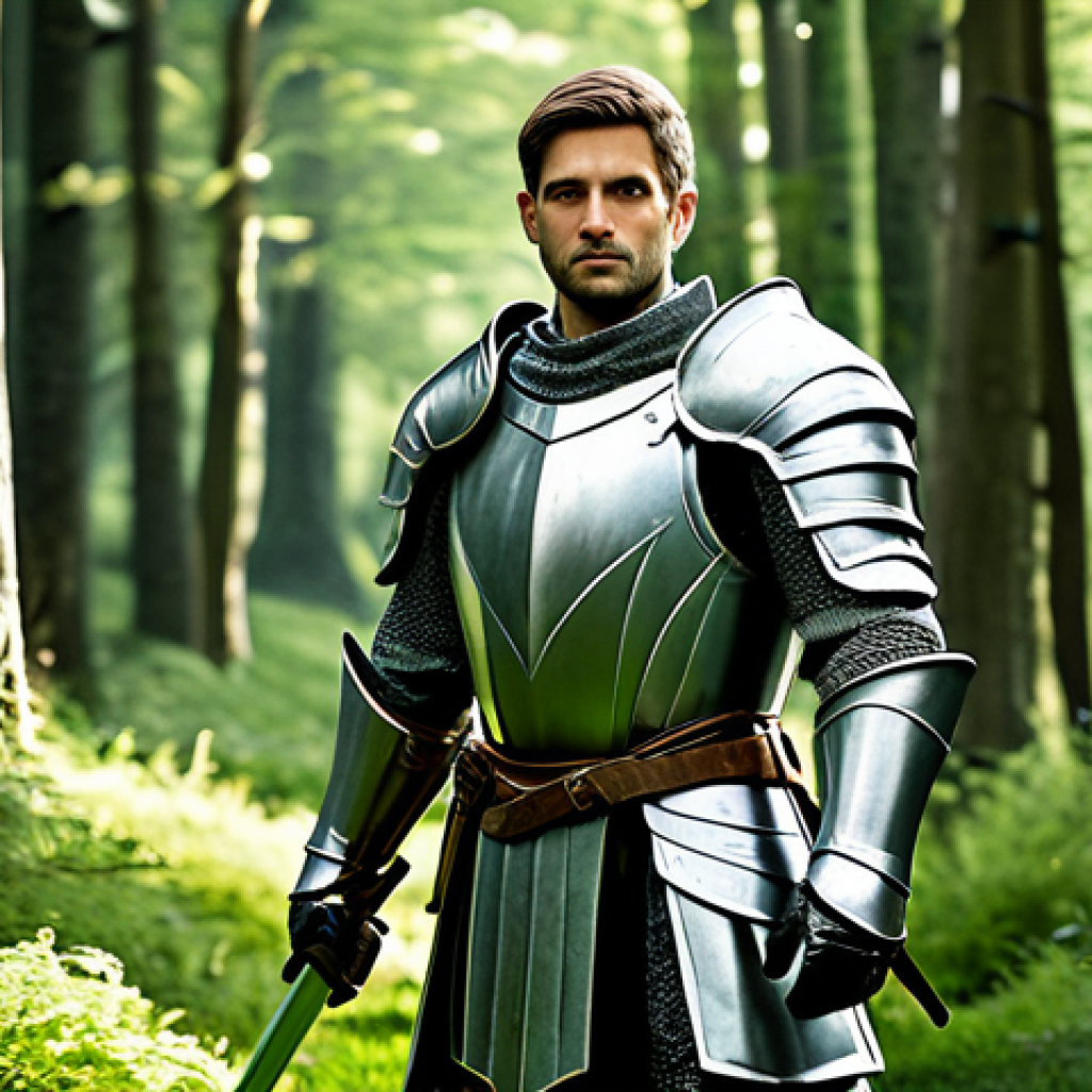 ** A fully clothed Knight character in Lineage M, wearing modest, shining armor, standing heroically in a lush green forest environment. The knight has perfect anatomy and correct proportions, holding a sword. Safe for work, appropriate content, professional, family-friendly, well-formed hands, natural body proportions. **