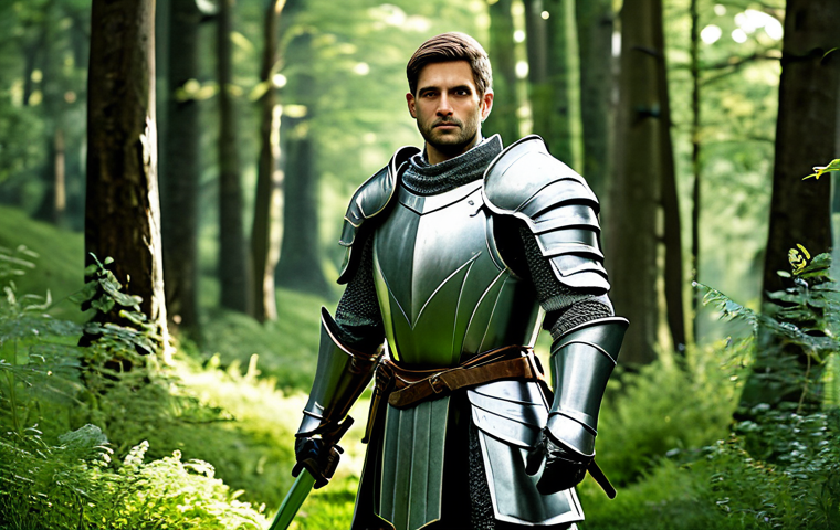 ** A fully clothed Knight character in Lineage M, wearing modest, shining armor, standing heroically in a lush green forest environment. The knight has perfect anatomy and correct proportions, holding a sword. Safe for work, appropriate content, professional, family-friendly, well-formed hands, natural body proportions. **