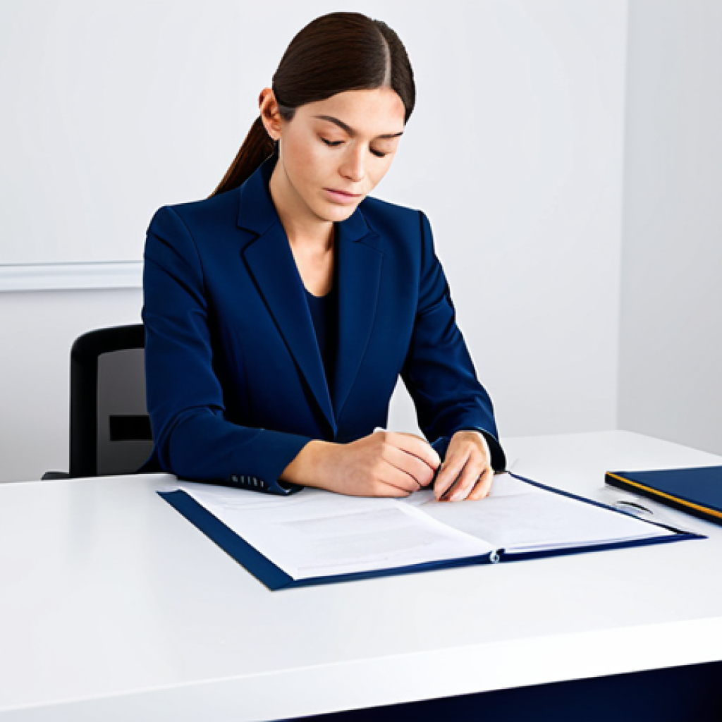 ** A professional businesswoman in a modest, dark blue business suit, sitting at a clean, modern white desk in a bright, minimalist office. She is reviewing documents. Fully clothed, appropriate attire, safe for work, perfect anatomy, natural proportions, professional photography, high quality, family-friendly. **