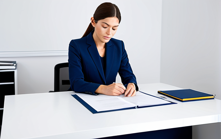 ** A professional businesswoman in a modest, dark blue business suit, sitting at a clean, modern white desk in a bright, minimalist office. She is reviewing documents. Fully clothed, appropriate attire, safe for work, perfect anatomy, natural proportions, professional photography, high quality, family-friendly. **