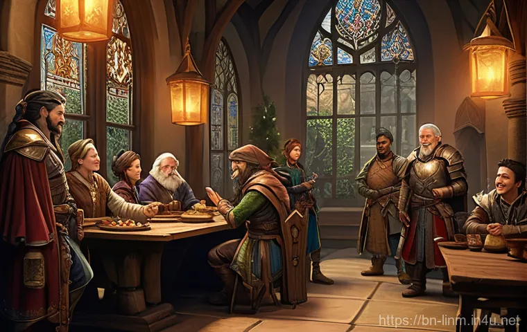 리니지M 클랜원 모집 팁 - "A vibrant fantasy MMORPG guild hall, bustling with diverse clan members. A benevolent, middle-aged ...