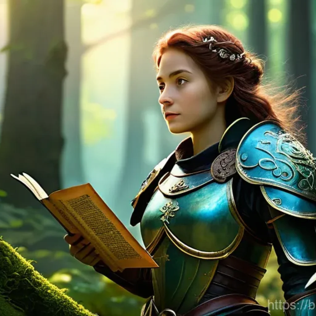 리니지M 신규 지역 도감 - **Prompt:** A determined female adventurer, wearing practical and ornate fantasy plate armor with le...