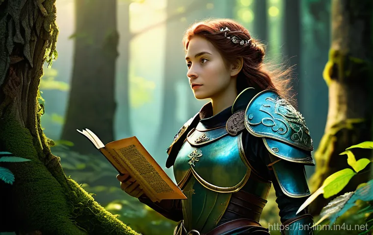 리니지M 신규 지역 도감 - **Prompt:** A determined female adventurer, wearing practical and ornate fantasy plate armor with le...