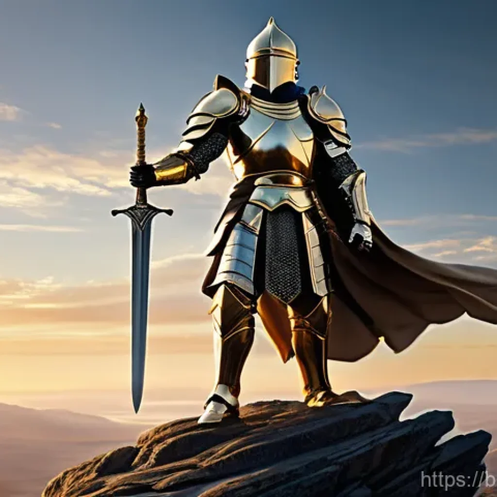 리니지M 캐릭터 변신 팁 - A powerful male Human Knight, embodying a 'Hero' transformation, stands proudly on a high, rocky cli...