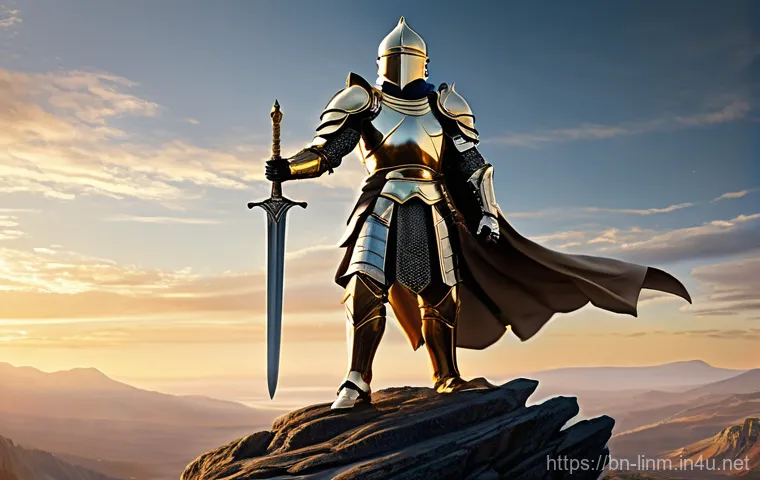 리니지M 캐릭터 변신 팁 - A powerful male Human Knight, embodying a 'Hero' transformation, stands proudly on a high, rocky cli...