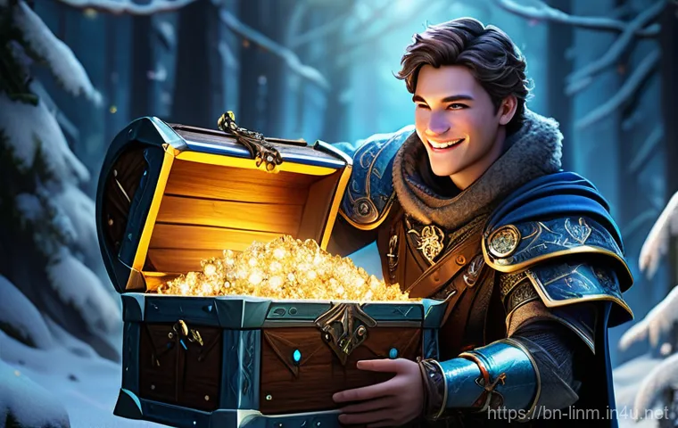 리니지M 다이아 획득법 - **"Event Treasure Hunt Excitement"** A highly detailed, vibrant fantasy illustration of a triump...