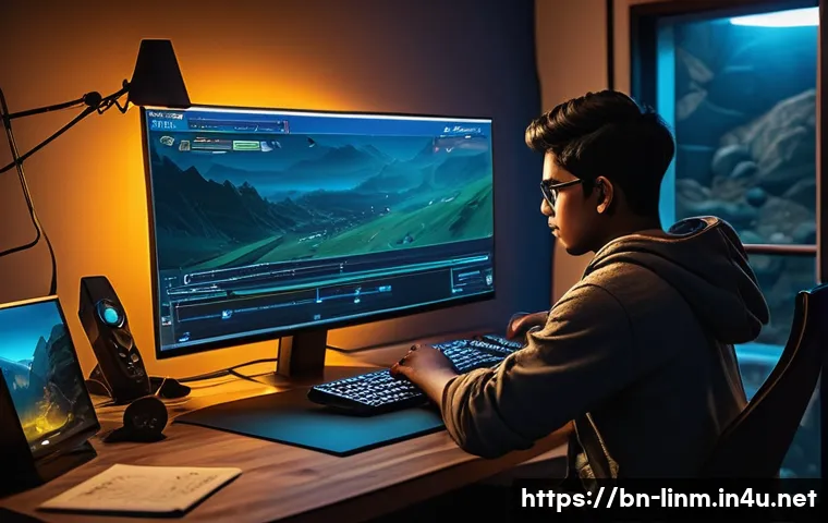 리니지M 오토 설정 노하우 - A detailed gaming setup scene showing a Bengali player&rsquo;s cozy room with a large monitor displaying a...
