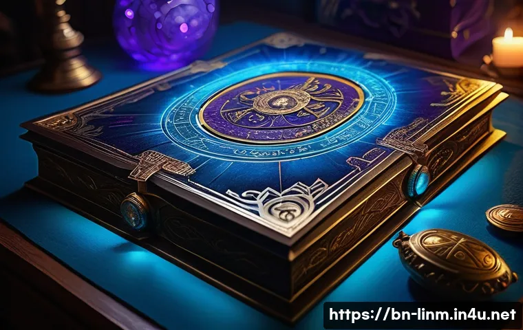 리니지M 희귀 등급 스킬북 - A detailed fantasy game scene showing a rare elite skillbook resting inside a mystical collection ch...
