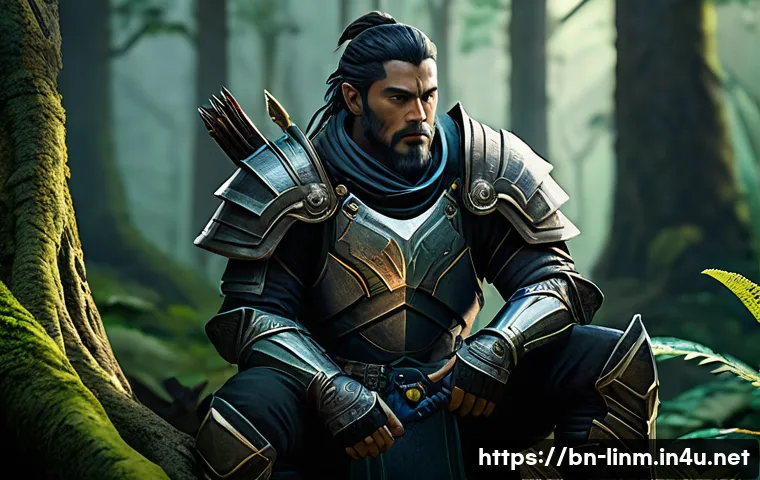 리니지M 캐릭터 체력 관리 - A detailed fantasy game scene showing a male warrior character taking a brief rest during an intense...