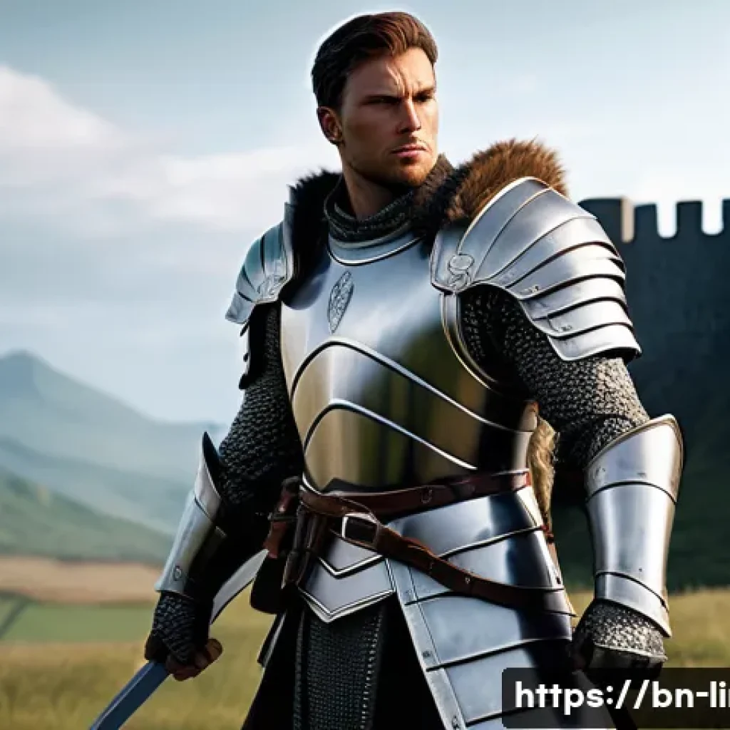 리니지M 캐릭터 전직 조건 - A powerful warrior character standing confidently in a medieval battlefield, wearing detailed, sturd...