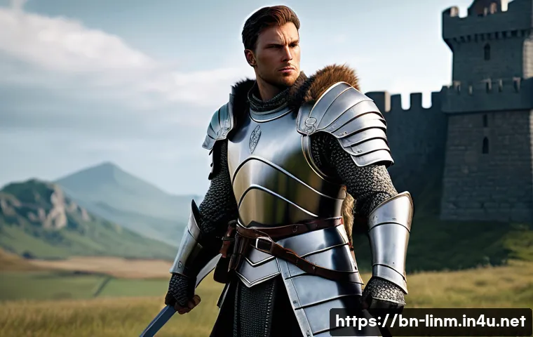 리니지M 캐릭터 전직 조건 - A powerful warrior character standing confidently in a medieval battlefield, wearing detailed, sturd...