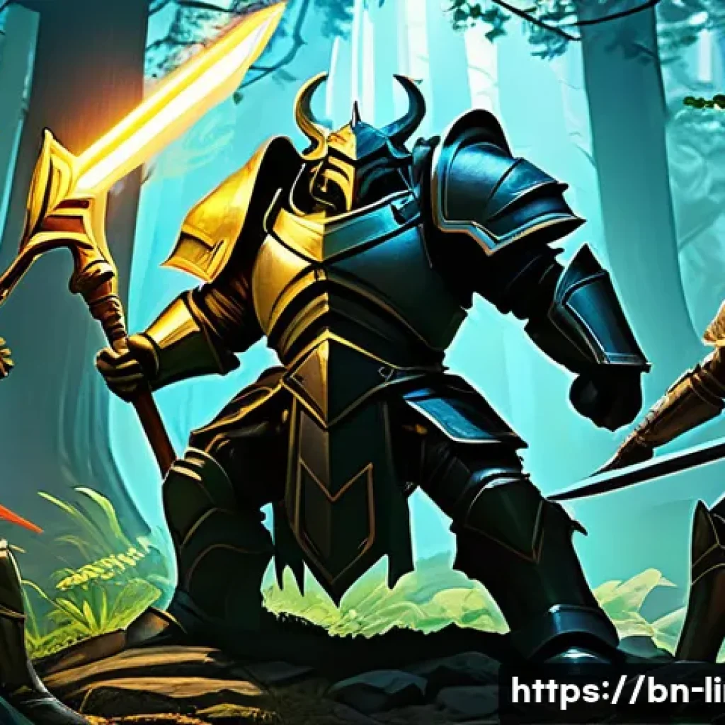 리니지M 최적 파티 구성 - A detailed fantasy RPG party scene featuring a balanced team of characters: a sturdy tank clad in he...