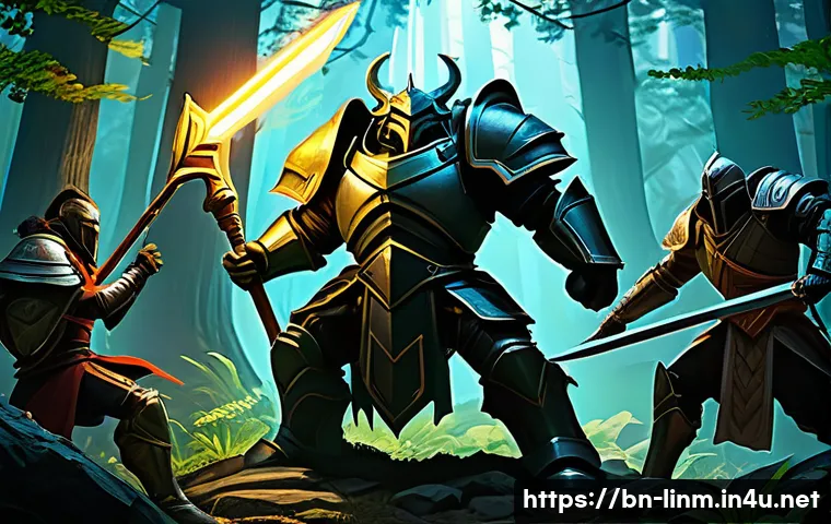 리니지M 최적 파티 구성 - A detailed fantasy RPG party scene featuring a balanced team of characters: a sturdy tank clad in he...