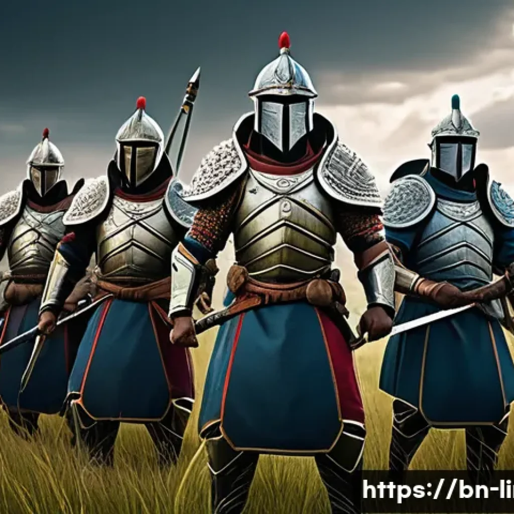 리니지M 공성전 준비 노하우 - A dynamic team of diverse Bengali warriors in fantasy armor, coordinating in a lush battlefield sett...