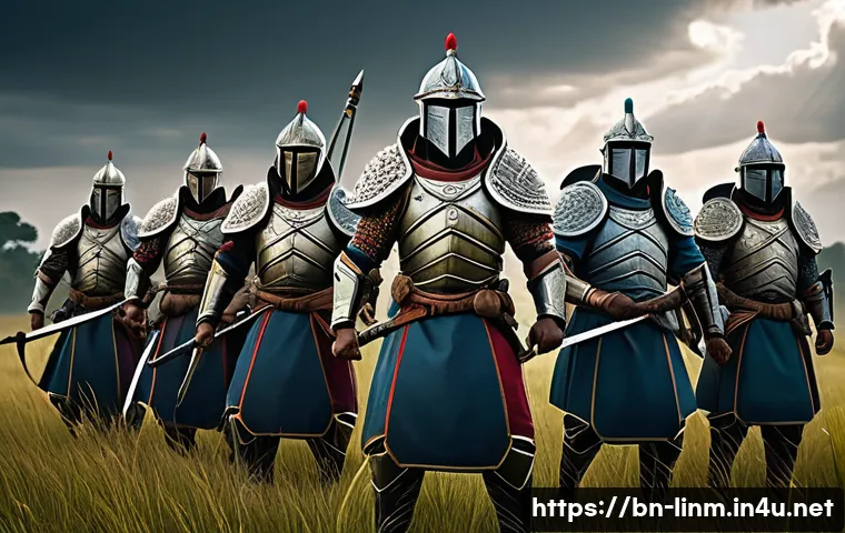 리니지M 공성전 준비 노하우 - A dynamic team of diverse Bengali warriors in fantasy armor, coordinating in a lush battlefield sett...