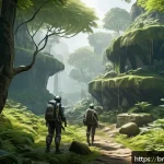 리니지M 초보자 사냥터 선택 - A serene and lush forest scene named &ldquo;Feral Forest,&rdquo; designed for beginner players, showcasing gentl...
