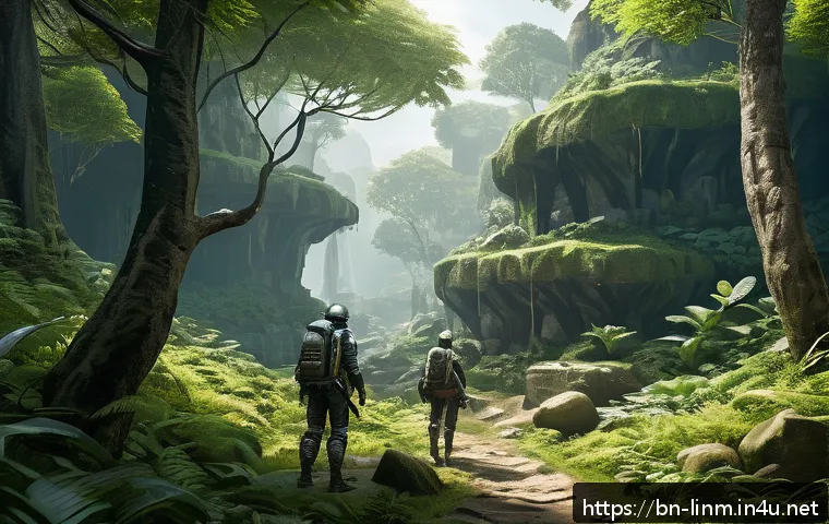 리니지M 초보자 사냥터 선택 - A serene and lush forest scene named &ldquo;Feral Forest,&rdquo; designed for beginner players, showcasing gentl...