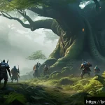 리니지M 경험치 사냥터 추천 - A vibrant fantasy hunting ground set in the "Misty Hills," featuring a dense forest with towering an...