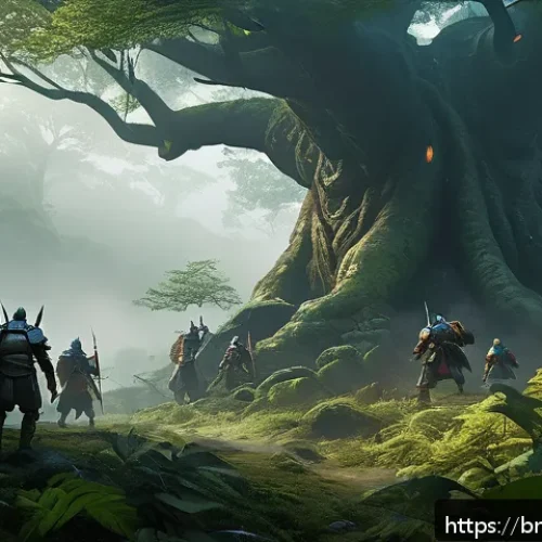 리니지M 경험치 사냥터 추천 - A vibrant fantasy hunting ground set in the "Misty Hills," featuring a dense forest with towering an...