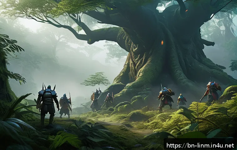 리니지M 경험치 사냥터 추천 - A vibrant fantasy hunting ground set in the "Misty Hills," featuring a dense forest with towering an...