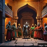 리니지M 희귀 카드 드랍 - A detailed fantasy gaming scene set in a dimly lit dungeon at night, featuring a group of Bengali-in...