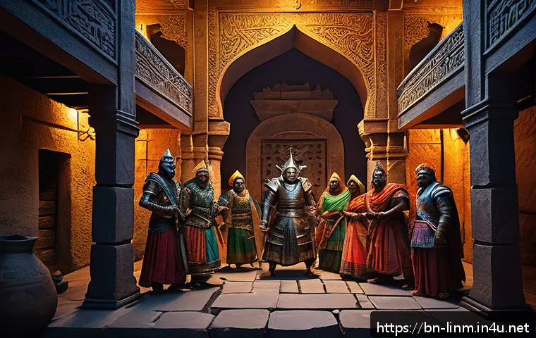 리니지M 희귀 카드 드랍 - A detailed fantasy gaming scene set in a dimly lit dungeon at night, featuring a group of Bengali-in...