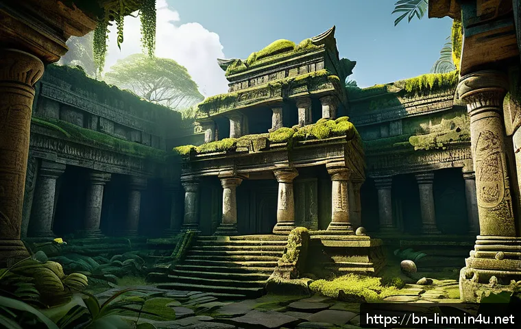 리니지M 신규 지역 정보 - A detailed fantasy game environment featuring an ancient ruined temple deep in a mysterious jungle. ...