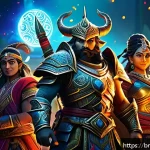 리니지M 이벤트 캐릭터 활용 - A dynamic scene showcasing a diverse group of Bengali event characters in a fantasy game setting, ea...