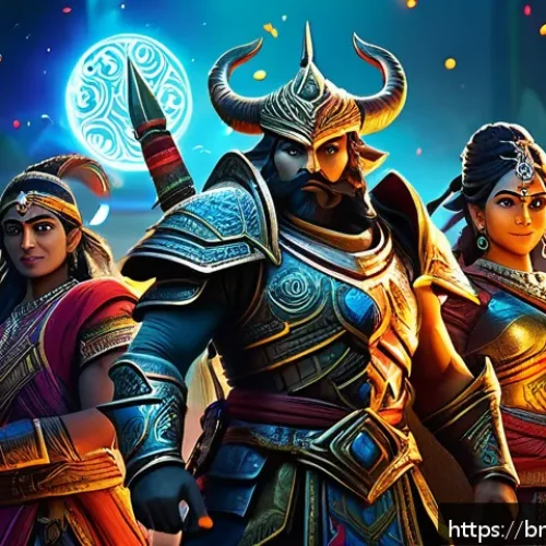 리니지M 이벤트 캐릭터 활용 - A dynamic scene showcasing a diverse group of Bengali event characters in a fantasy game setting, ea...