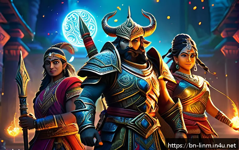리니지M 이벤트 캐릭터 활용 - A dynamic scene showcasing a diverse group of Bengali event characters in a fantasy game setting, ea...