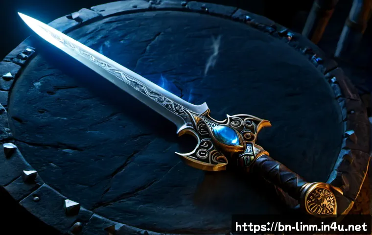 리니지M 희귀 장비 조합법 - Photorealistic fantasy RPG equipment crafting scene, an ornate rare steel sword, engraved shield, an...