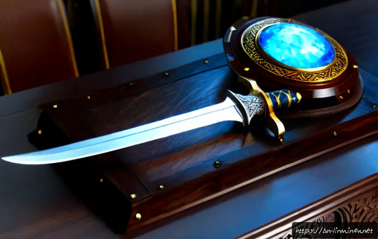 리니지M 최고의 장비 조합 - Photorealistic fantasy gaming equipment comparison on a polished dark wooden desk: a premium steel s...