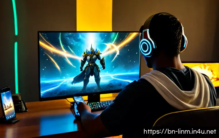 Home 17 리니지M 각종 버프 활용법 - Photorealistic gaming desk scene, a focused Bengali adult player wearing casual headphones using a s...