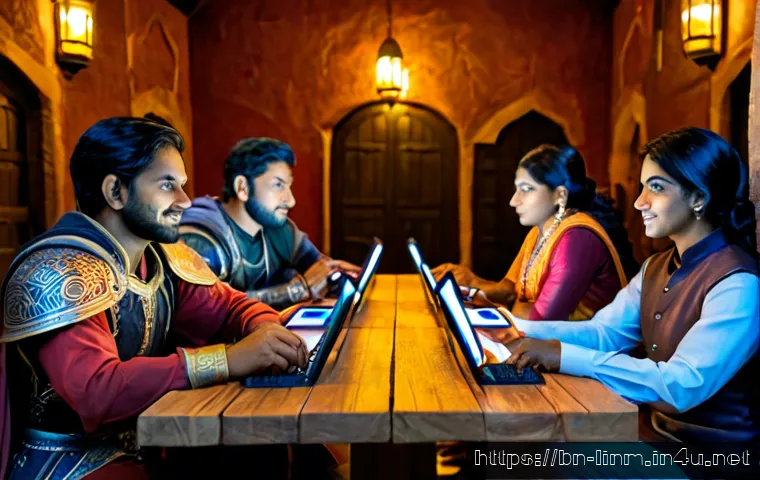 리니지M 길드 콘텐츠 추천 - Photorealistic fantasy MMORPG guild raid scene, six diverse South Asian adult players gathered aroun...
