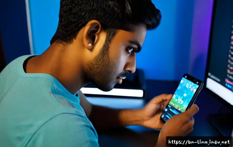 리니지M 게임 최적화 설정 - Photorealistic over-the-shoulder view of a focused young Bengali man adjusting a fantasy mobile game...