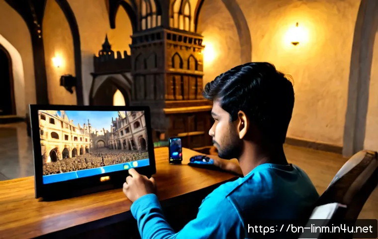 리니지M 최고 인기 서버 - Photorealistic Bangladeshi young adult gamer at a clean home desk, intensely playing a fantasy mobil...